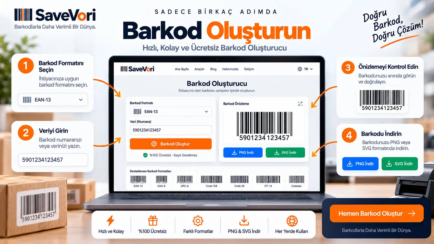 SaveVori barkod oluşturucu ile barkod formatı seçme, veri girme, önizleme ve indirme işlemi