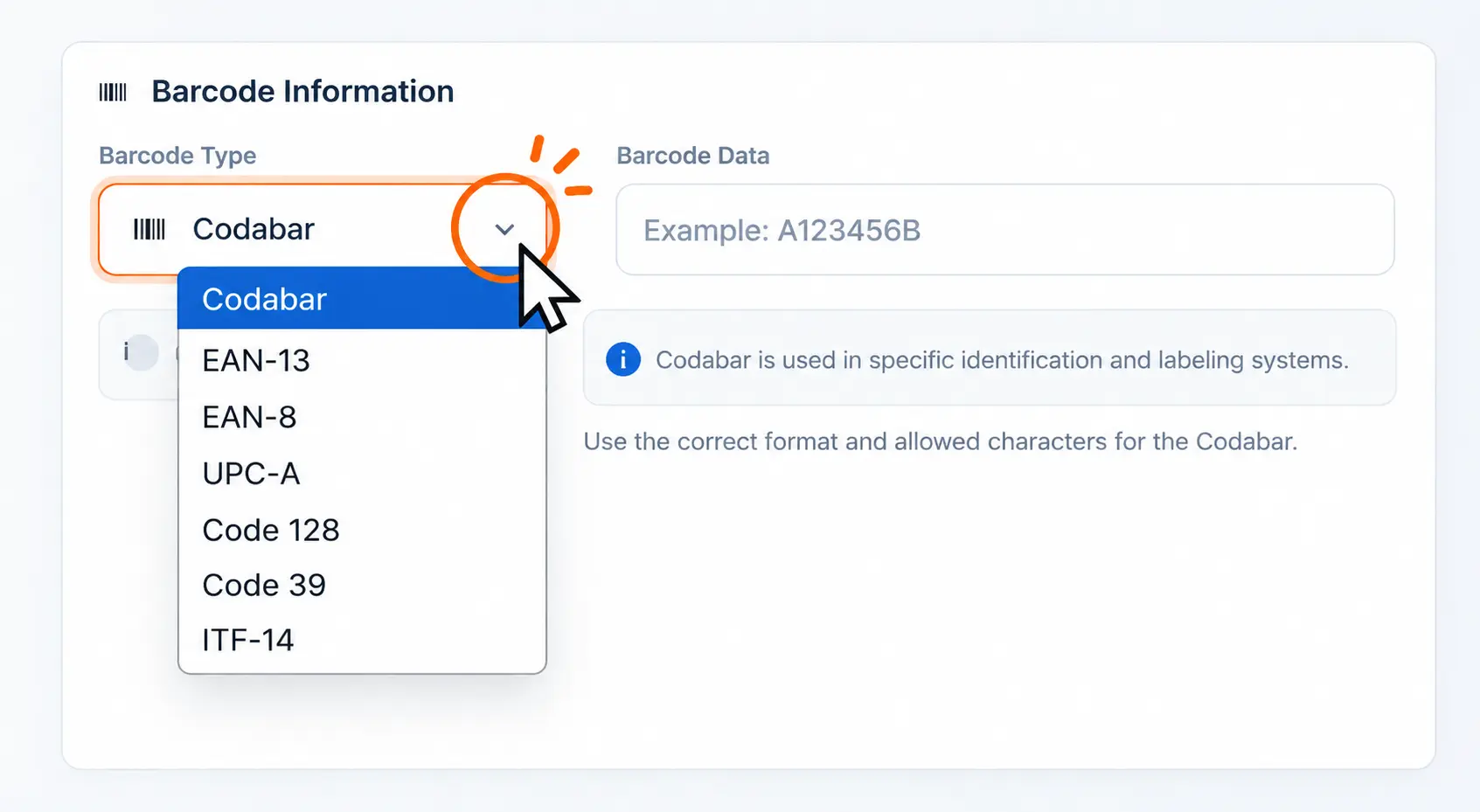 Barkod oluşturucu ile barkod türünü seçme adımı